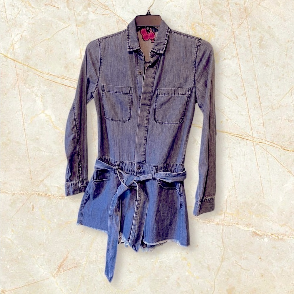 Denim Romper Jumpsuit with Belt and Pockets